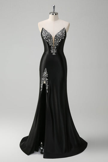 Vestido de fiesta largo palabra de honor con cuello en V sirena negro con abalorios